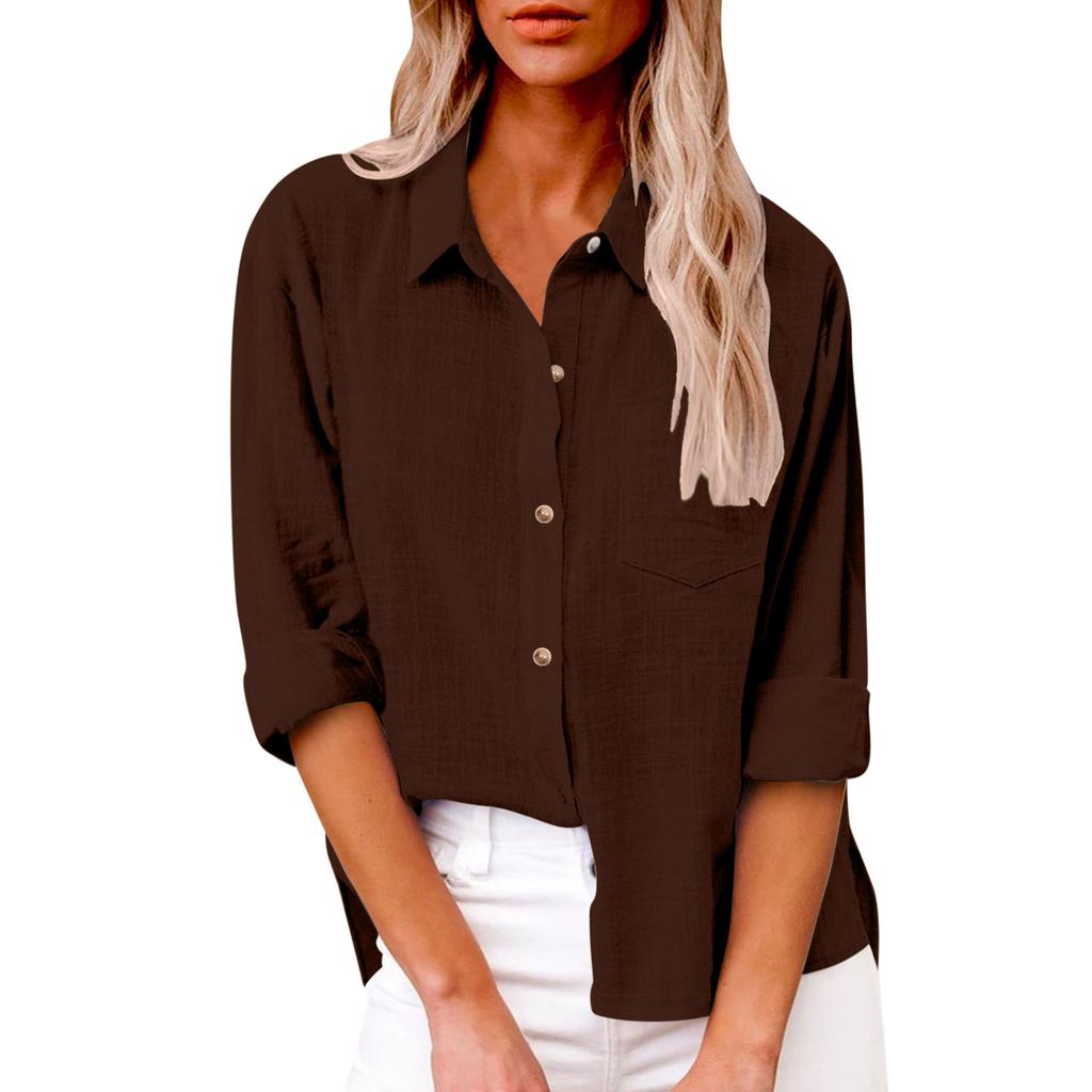 Women Linen Blend Button Down Shirt Turn‑Down Collar Roll‑Up Sleeve Chest Pocket Loose Fit Solid Color Casual Office Blouse Top