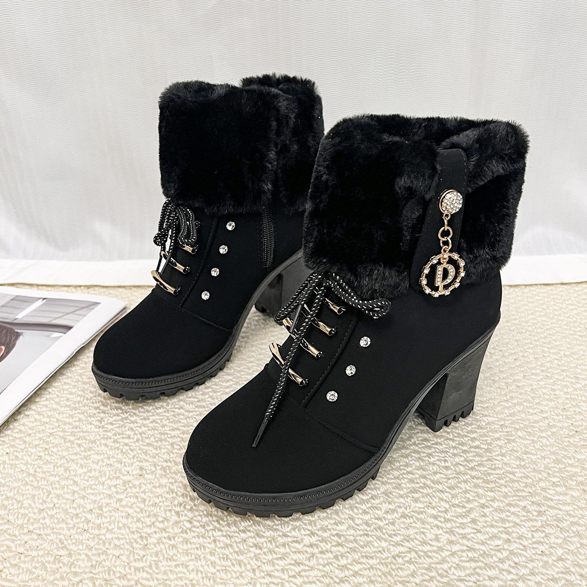 

2025 new casual autumn and winter Martin boots women s British style high-heeled short boots thick heel thickened velvet women s boots trend 42 чёрный