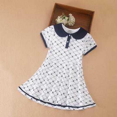 Vestido Polo Estampado para Niña con Cuello Azul Marino Manga Corta Vestido de Corte A con Estampado de Monograma Vestidos Blancos de Verano para Niños