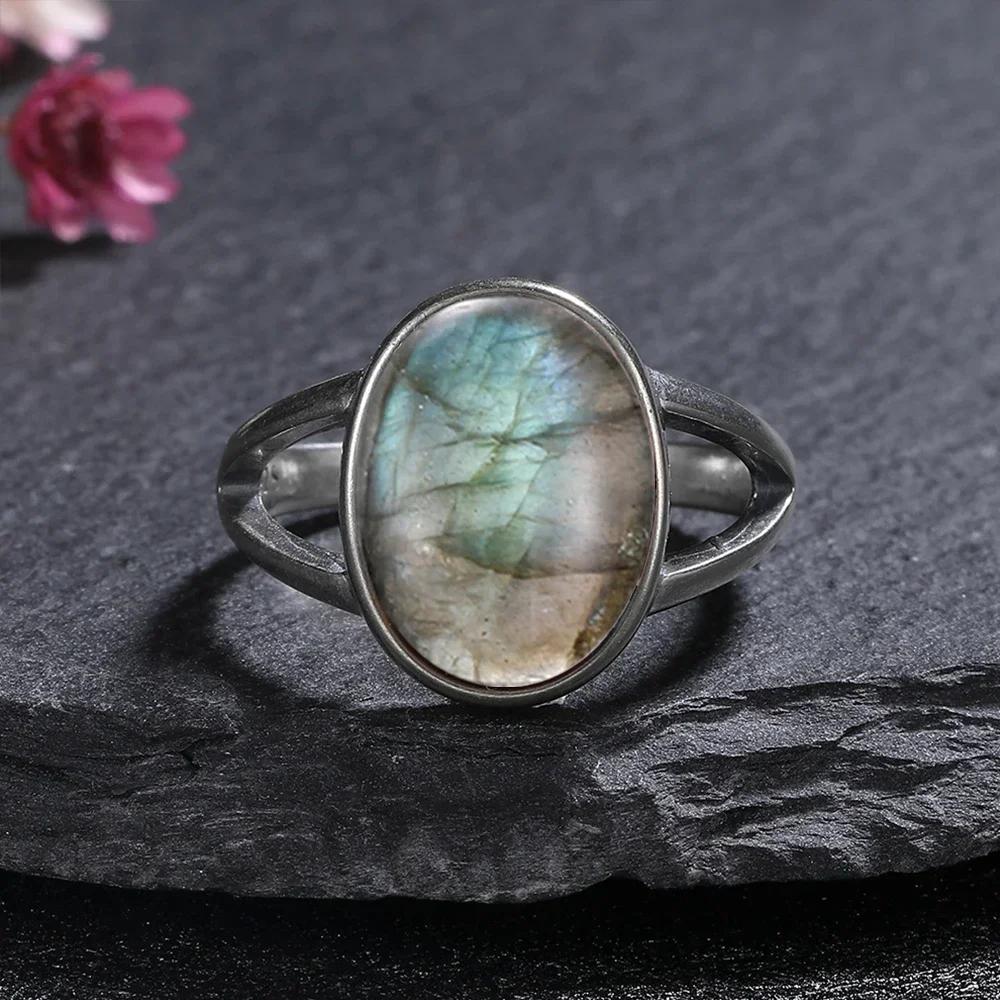 Anello Rame Labradorite Vintage, Gemma Ovale Starlight e Fascia Fiorita Intagliata, Gioielli Moda Boho da Donna Transfrontaliero