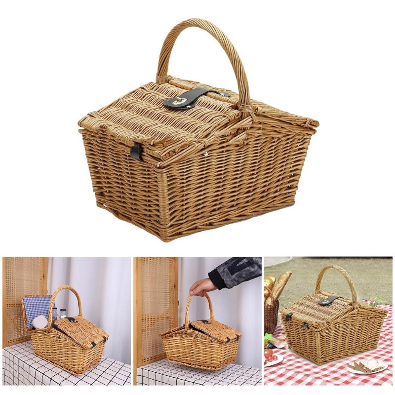 Handmade Wicker Picnics Basket Large Capacity Camping Basket Food Basket for Outdoor Gatherings