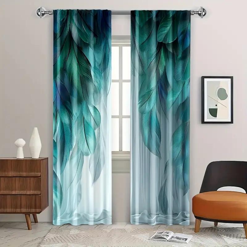 2pcs Gradient Teal Feather Printed Curtains, Designed for Light Filtering, Quality Material, Ideal for Daily Home Window Decorat