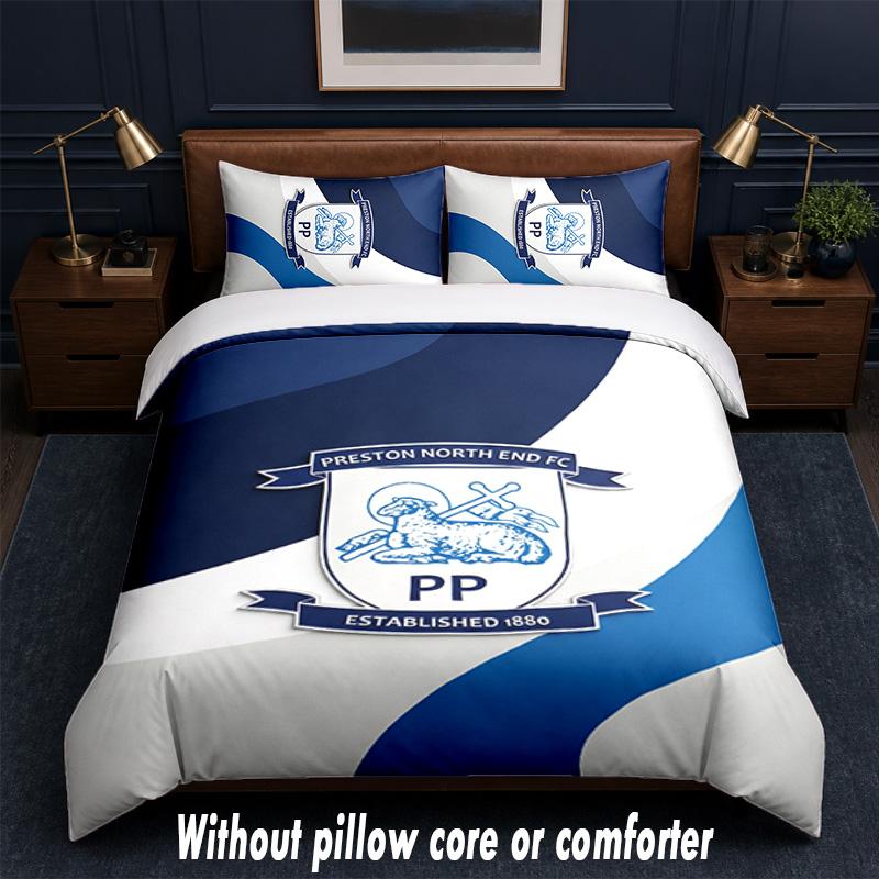 Preston North End Football Design Bed Bedding Set 1 Duvet Cover + 2 Pillowcases Soft Breathable Household Bed Linens