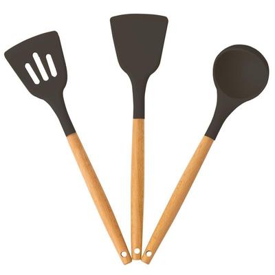 3-teiliges Antihaft-Silikon-Küchenutensilien-Set mit Holzgriff - Hitzebeständiger Kochspatel Kochgeschirr (Schwarz)