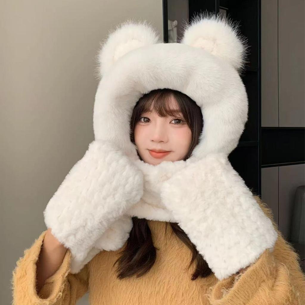 Bear Hat for Women In Autumn and Winter Autumn and Winter Plush Yarn Tie Neck Ear Protection Hat Scarf Gloves Three Piece Set
