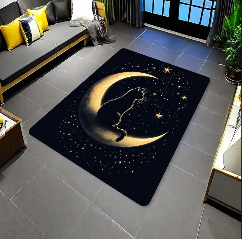 Vintage Black Cat On Moon Area Rug Celestial Starry Sky Print NonSlip Washable Floor Mat for Living Room Bedroom Cat Lover Decor