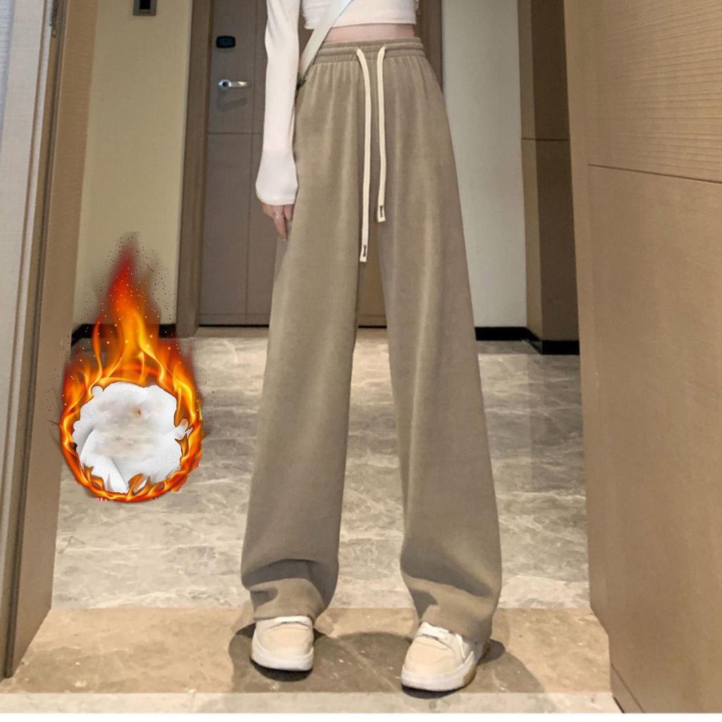 Women Winter Chic Winter Snow Warm Daily High Waisted Long Pants Lady Basic Baggy Straight Leg Wide Leg Plush Thermal Trousers