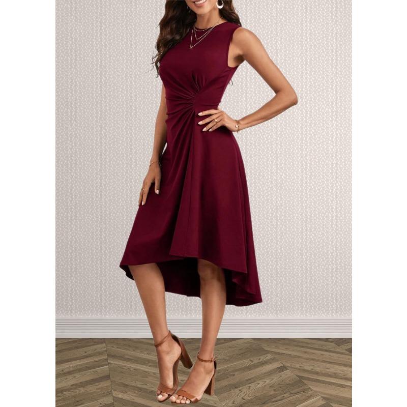 Solid Color Round Neck Sleeveless Pullover Midi Dress For Women Casual Commuting