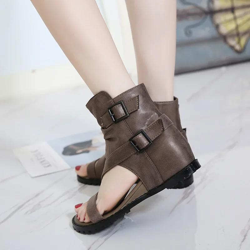 Fashion Vintage Wedges Roman Shoes for Women's Summer Peep Toe High Top Cool Boots Buckle Belt Back Zipper Cover Heeled Sandals