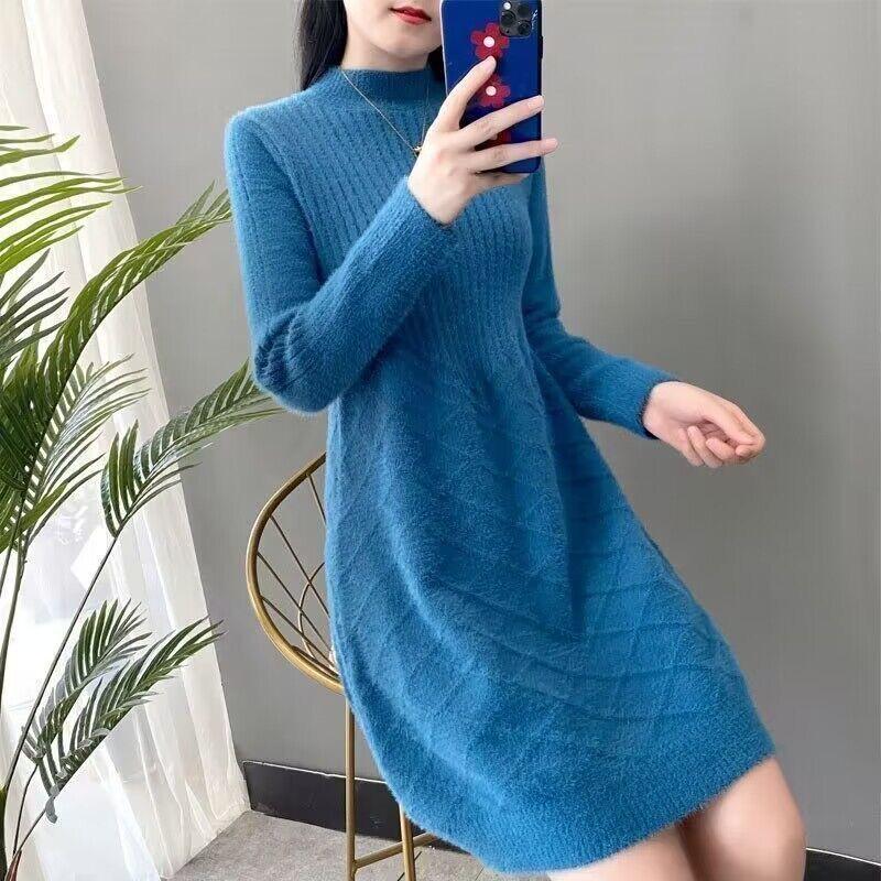 

Свободный трикотажный свитер средней длины с имитацией норкового меха для женщин однотонный повседневный пуловер с полувысоким воротником для осени и зимы 2XL синий