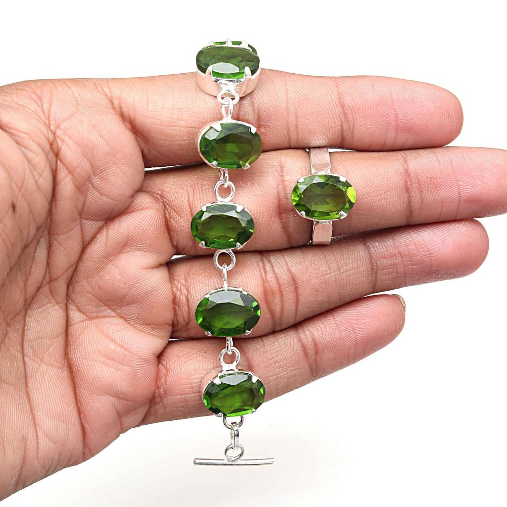 Peridot Quartz Gemstone Women's Unisex Jewelry Bracelets & Rings 7-8''
