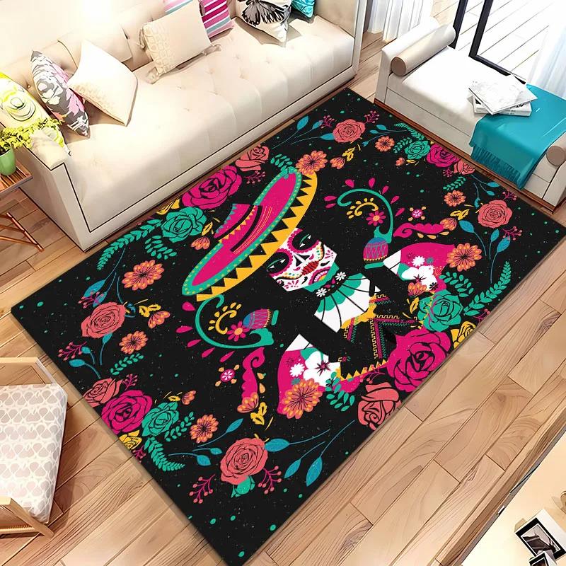 HD Printing Mexican Day of The Dead Rug,Carpet for Living Room Bedroom Sofa Doormat Decor Adult Game Non-slip Floor Mat Alfombra
