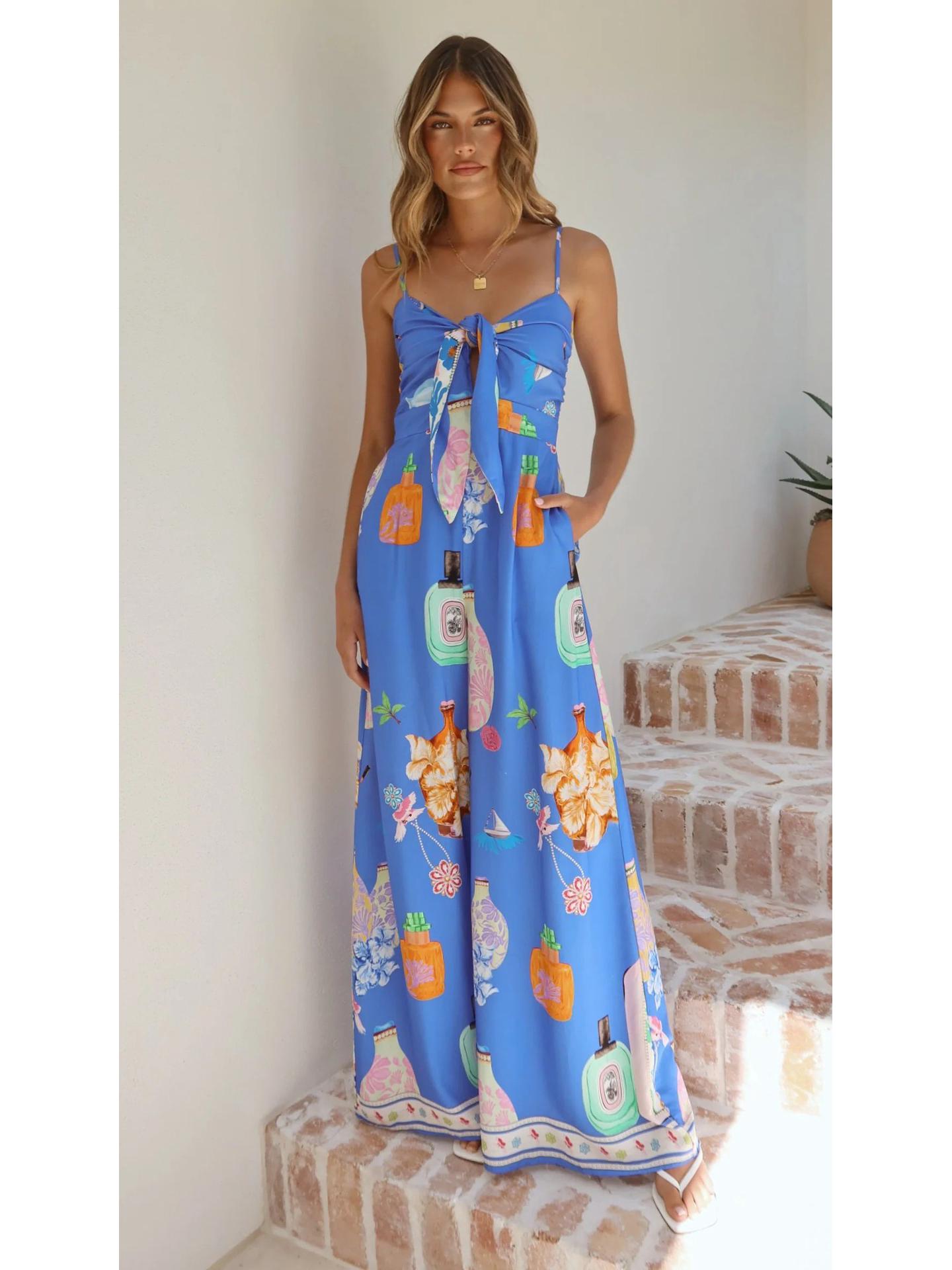 2025 Cross-border Waist-cinching Strappy Bow Wide-leg Jumpsuit Large синий