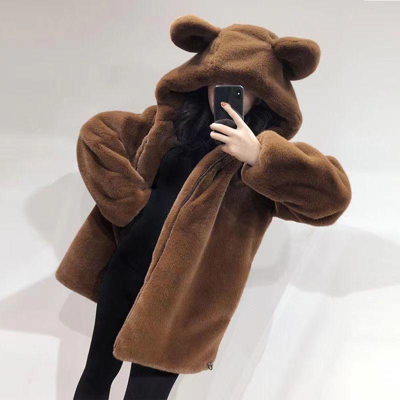 Autumn and winter imitation mink fur coat cute bear ears plush thickened loose medium and long coat women