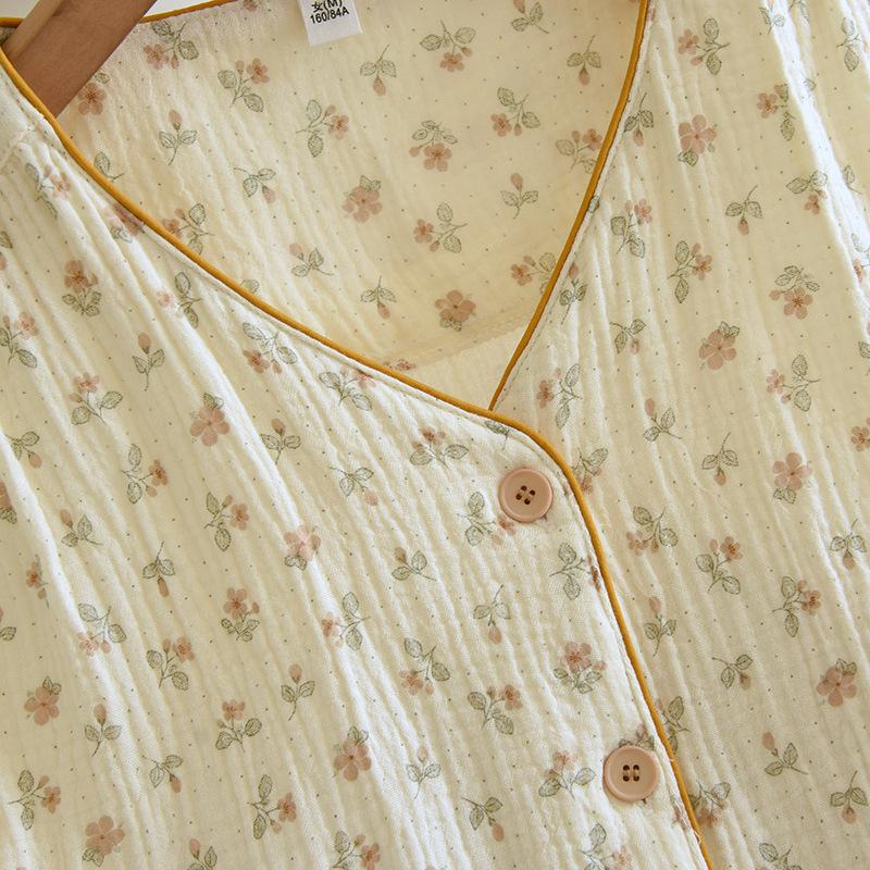 New Spring/Summer Women's Pajama Set 100% Cotton Crepe Long Sleeved Pants Ladies Two Piece Set with Chest Cushion Homewear