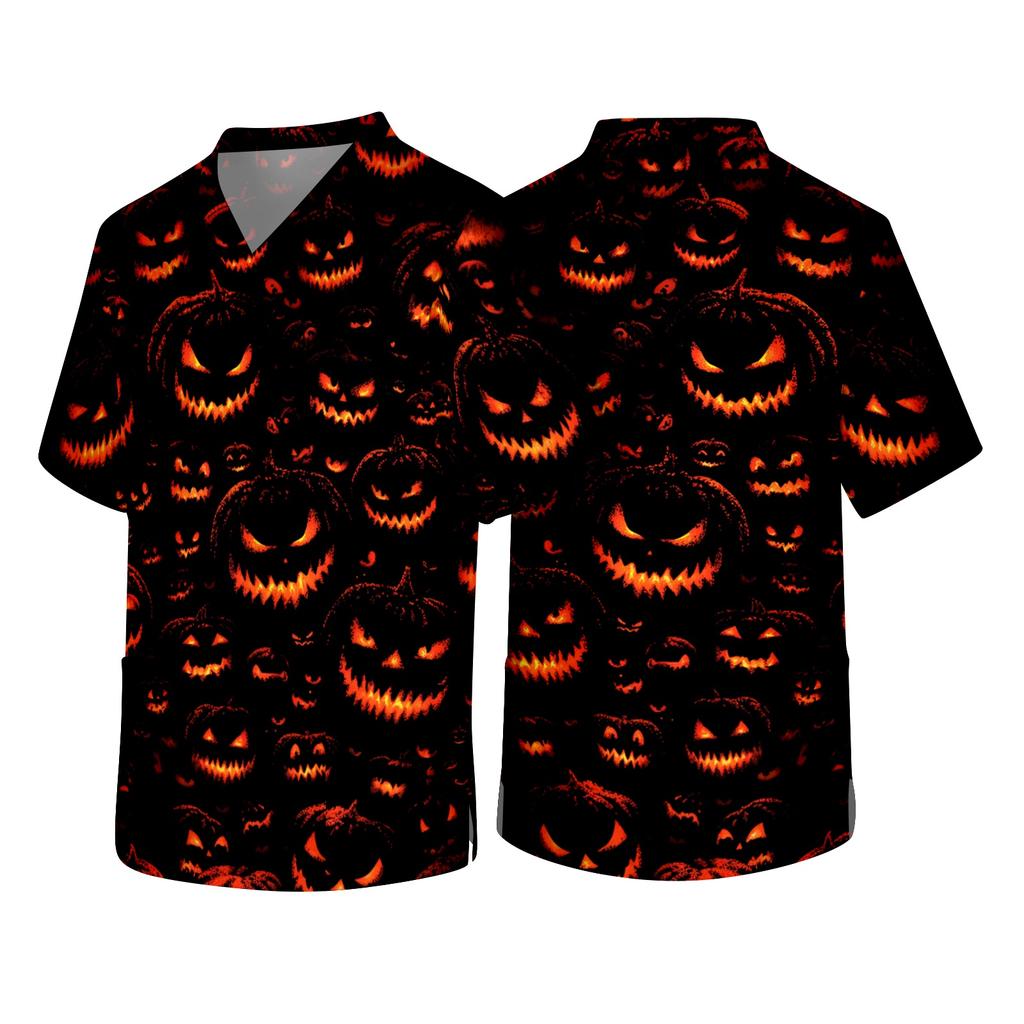 Men's Short Sleeve V Neck Halloween Print Medical Scrub Top with Chest Pocket Comfortable Fit Durable Fabric Suitable for Healthcare Professionals