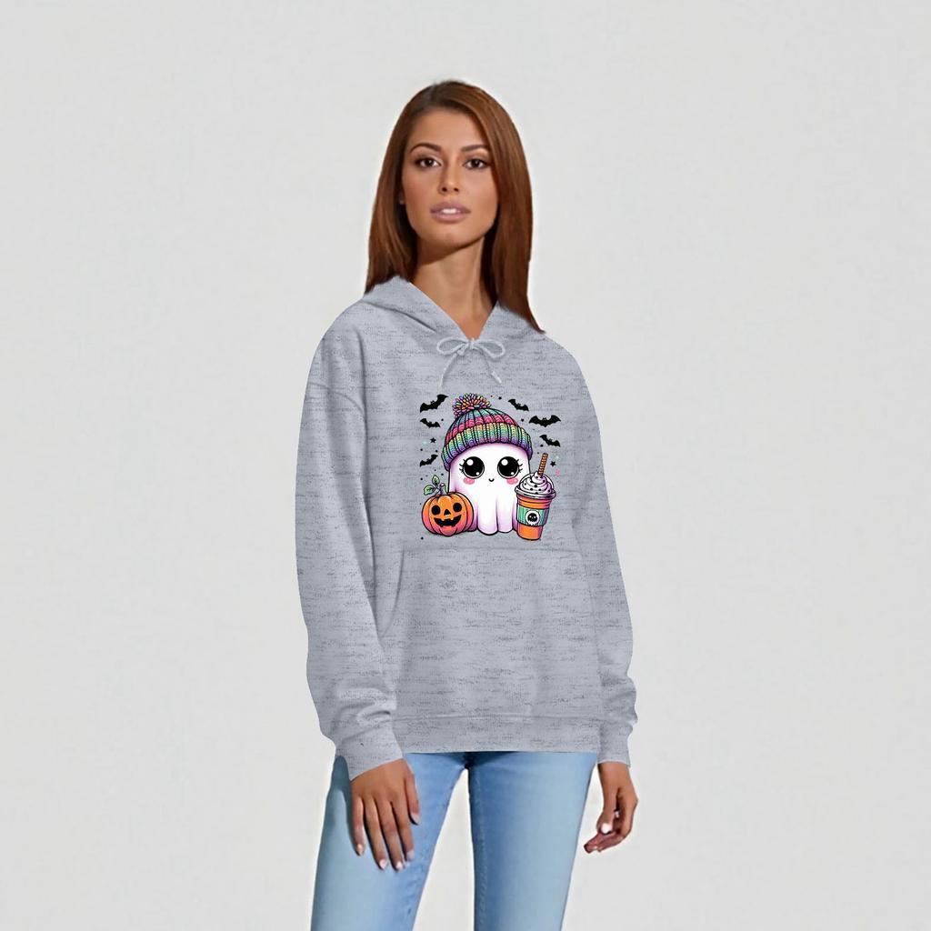 Haut à col rond et manches longues pour femme, imprimé Halloween, sweat à capuche de couleur unie