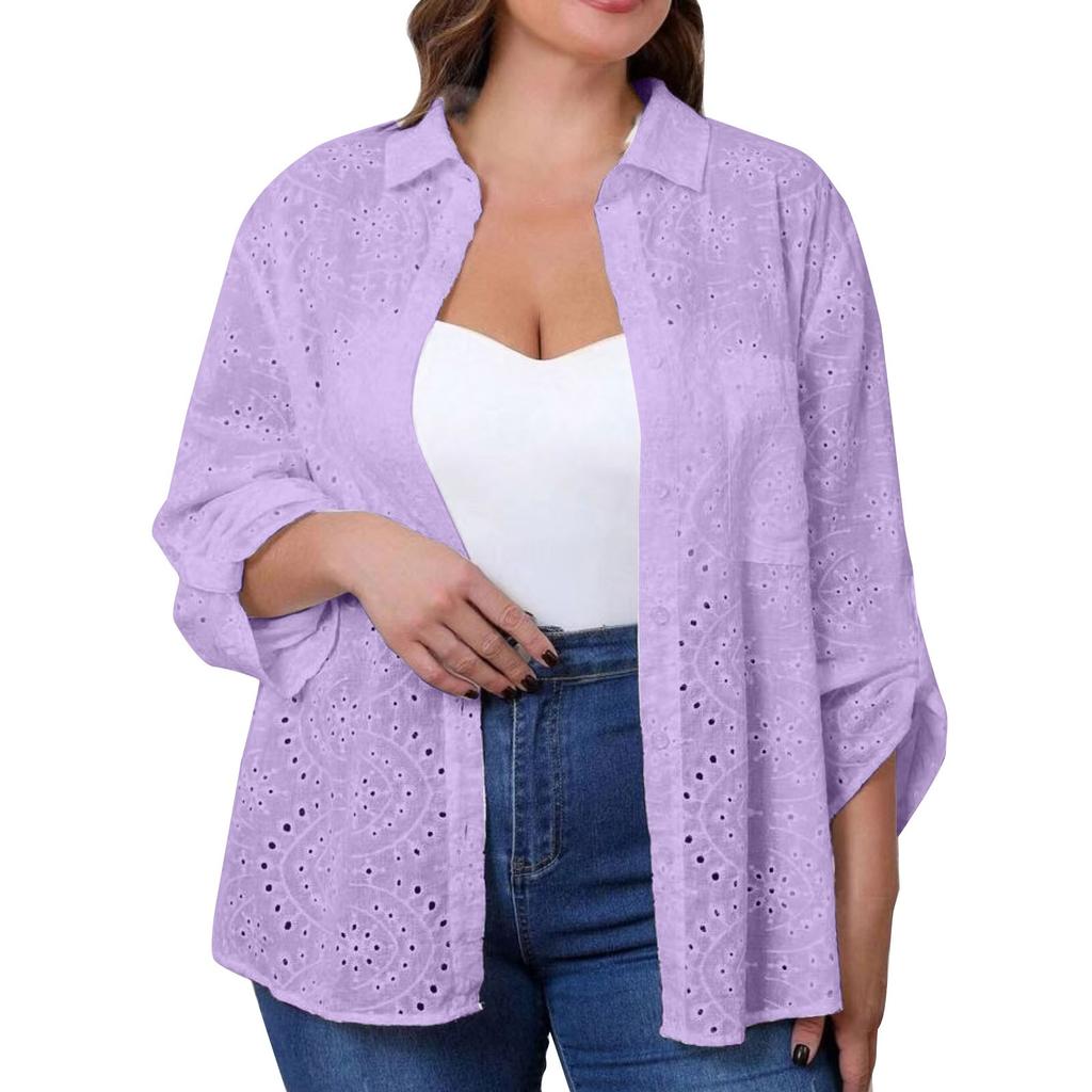 Women's Casual Loose  Shirt Collar Embroidered Hollowed Out Shirt Top