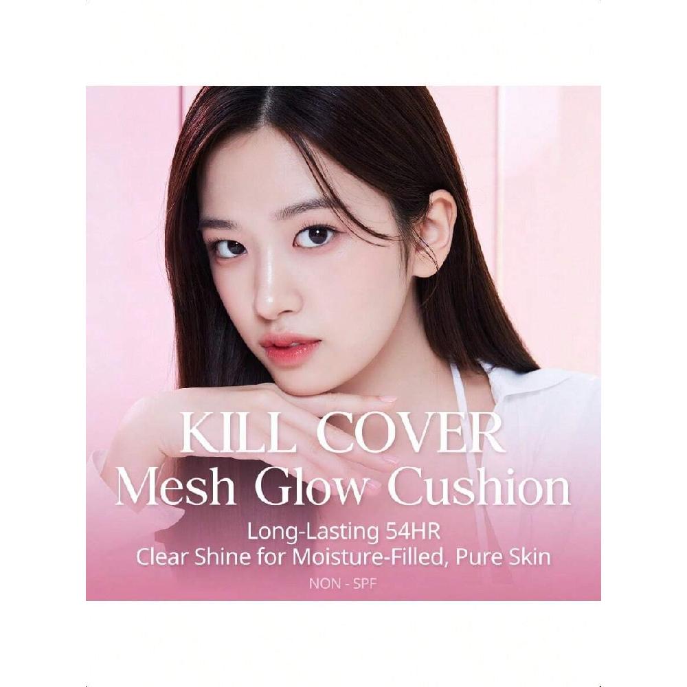 Clio Kill Cover Mesh Glow Cushion Foundation 15g+15g wkład szklana cera, długotrwały, lekki, możliwość budowania krycia, makijaż cery z blaskiem