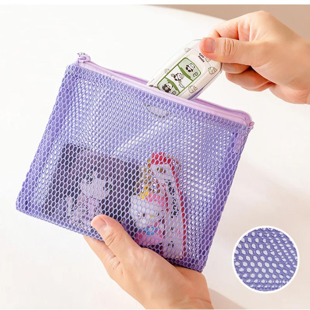 Double Zipper Mesh Storage Bag Ultra Light Wear-proof Visible Colored Double Layered Makeup Pouch Durable With Handle Coin Bag