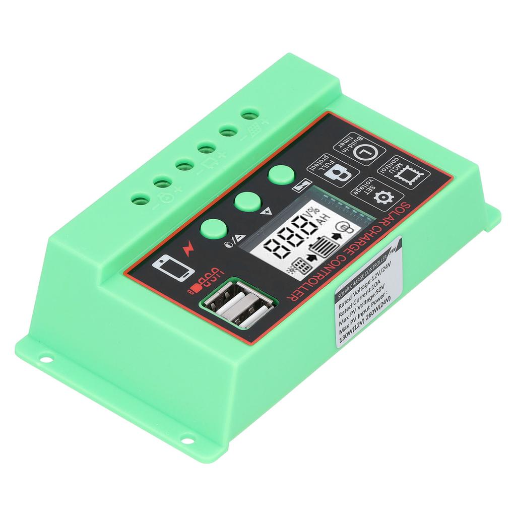 Solar Charge Controller 12V 24V Solar Controller LCD Display USB Interface Overload ProtectionGreen Shell Black Surface