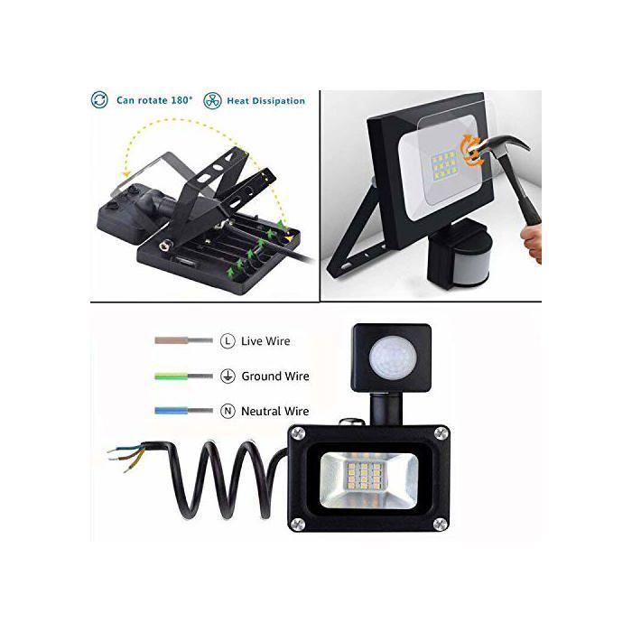 Projecteur LED extérieur - AIMOONSA - 20W - Détecteur de mouvement - IP66 - 6500K