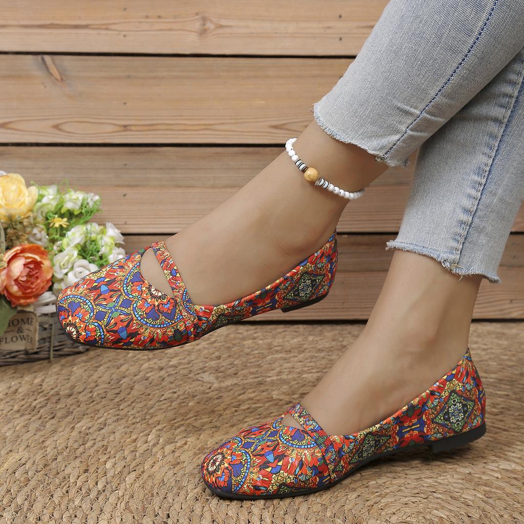 Women's Wide Width Printed Slip-On Flats - Square Toe Pattern Loafers with Low Block Heel for Spring, Fashion Casual Shoes