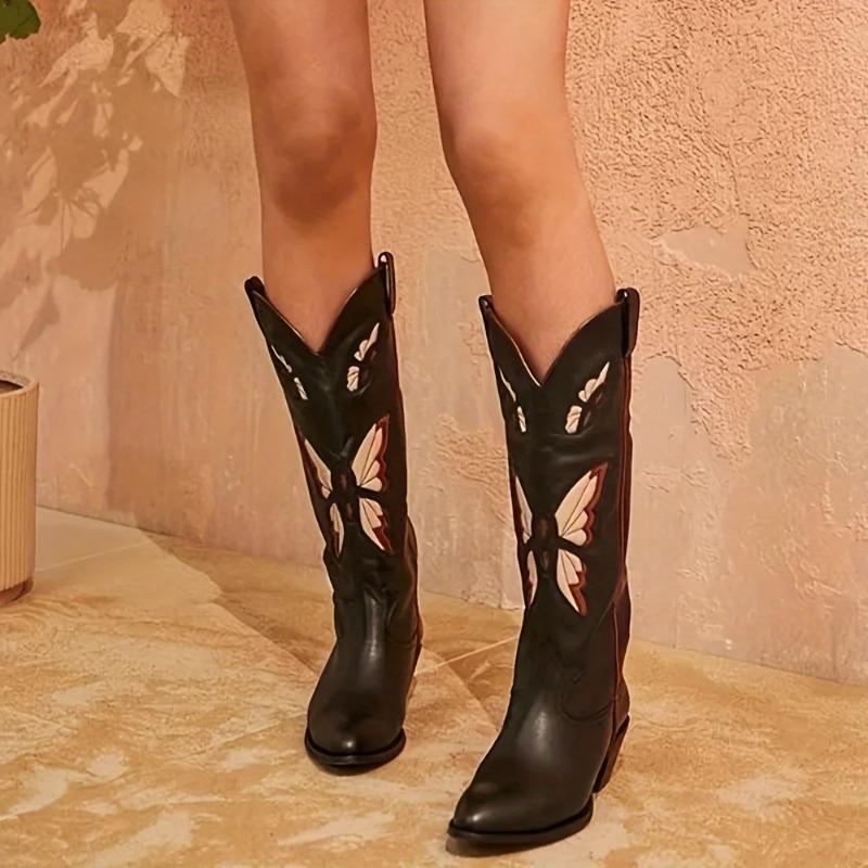 Fashion 2025 Brand New Big size 43 Red Butterfly Cowboy Boots for Women Black Vintage Slip On Cowgirls Knee High Boots Shoes