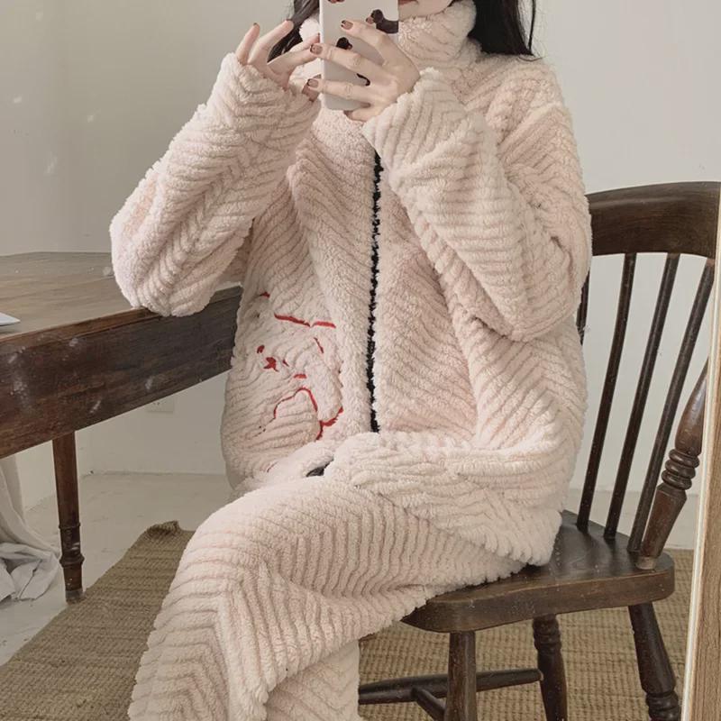 Women's Plush Zipper Pajamas - Autumn/Winter, Cute Stand Collar, Plus Size Coral Fleece Homewear
