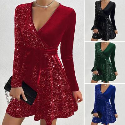 Herfst Lente Vrouwen Jurk V Hals Vetersluiting Strakke Taille Pailletten Decor A-lijn Grote Zoom Lange Mouwen Prom Party Mini Jurk