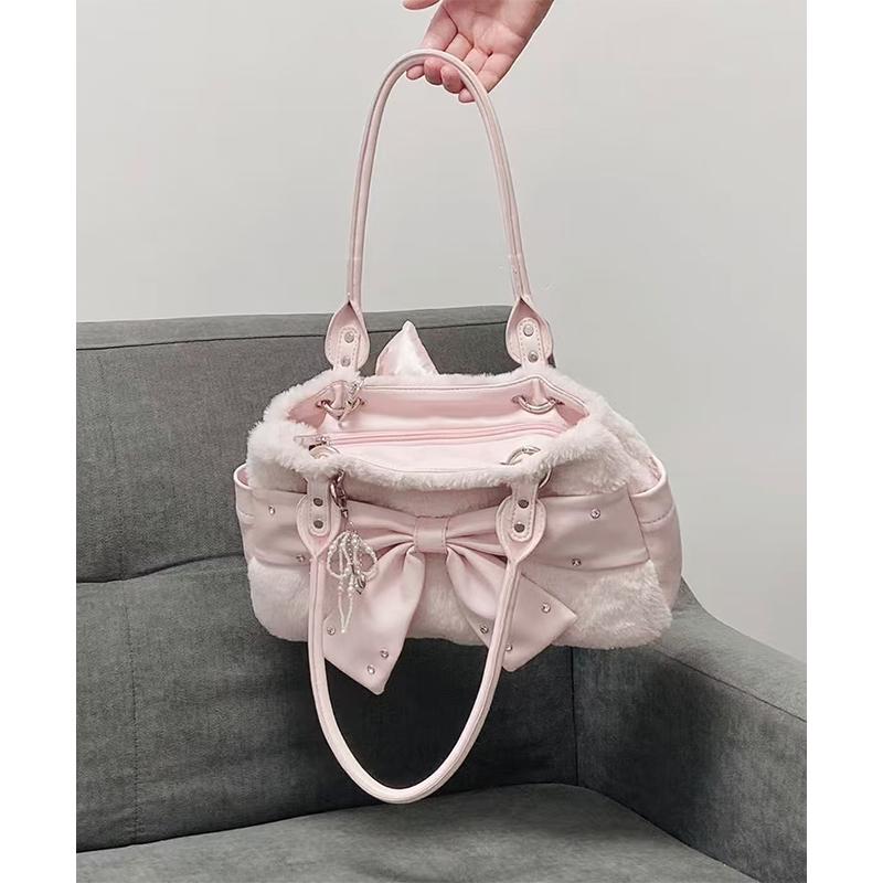 Borsa a Mano Rosa con Fiocco Carino Design Creativo con Borchie Borsa a Spalla in Peluche Borsa Tote Quadrata Orizzontale Borsa a Tracolla per il Pendolarismo Invernale