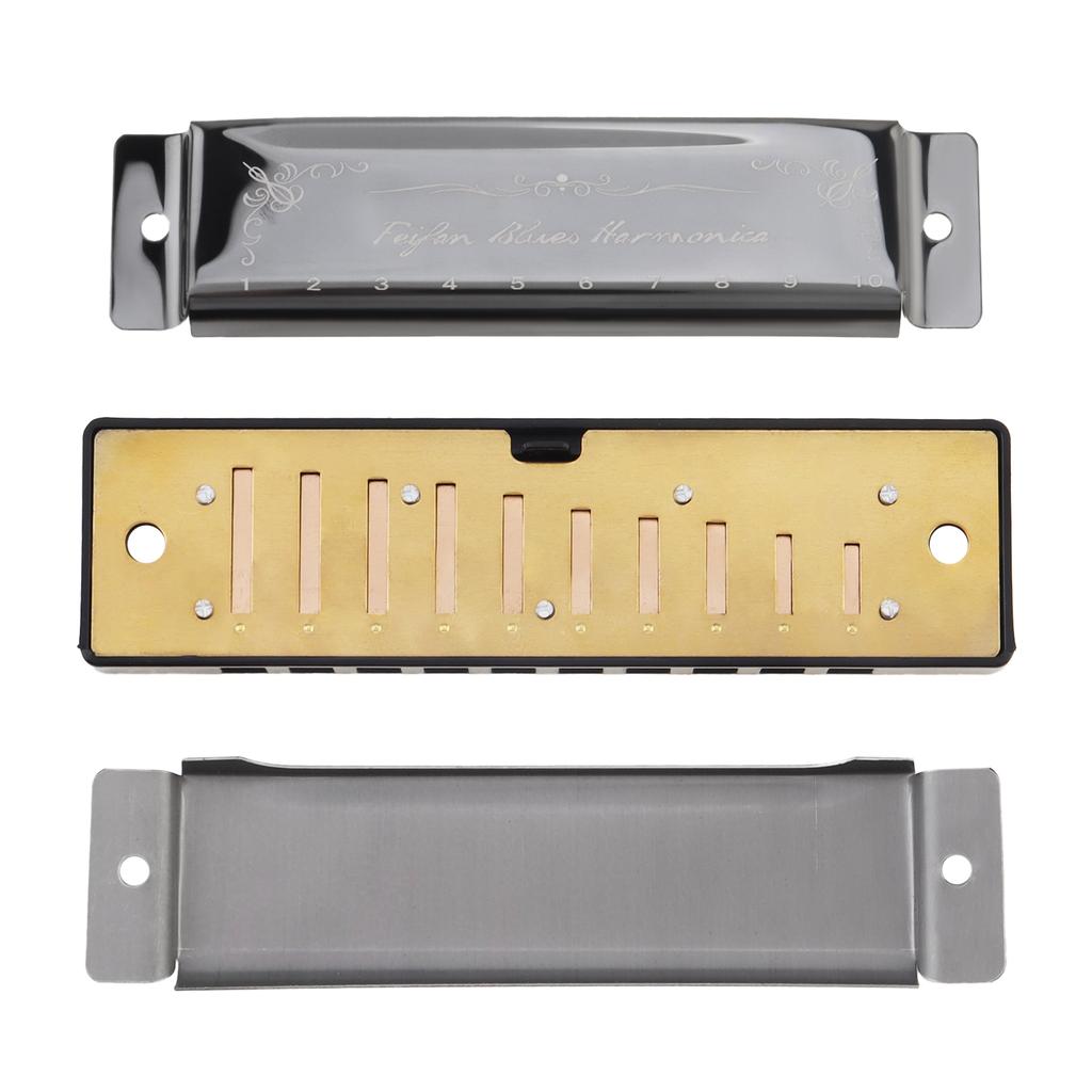 10 Holes KeyC Blues Harmonica Beginner Gifts Brass Reed Plate Black Mouth Organ 20 Tunes