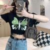 Design Sense Spicy Girl Printed Fungus Edge Exposed Navel Knitted Short Sleeved T-shirt for Women's Summer Versatile Clothes