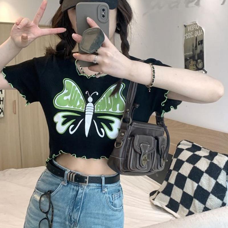 Design Sense Spicy Girl Printed Fungus Edge Exposed Navel Knitted Short Sleeved T-shirt for Women's Summer Versatile Clothes