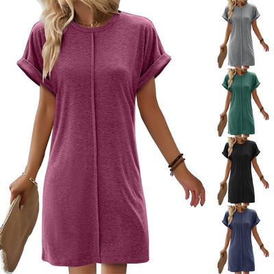 Spring and Summer Women's Fashion Round Neck Solid Colour Short Sleeve Loose Dresses