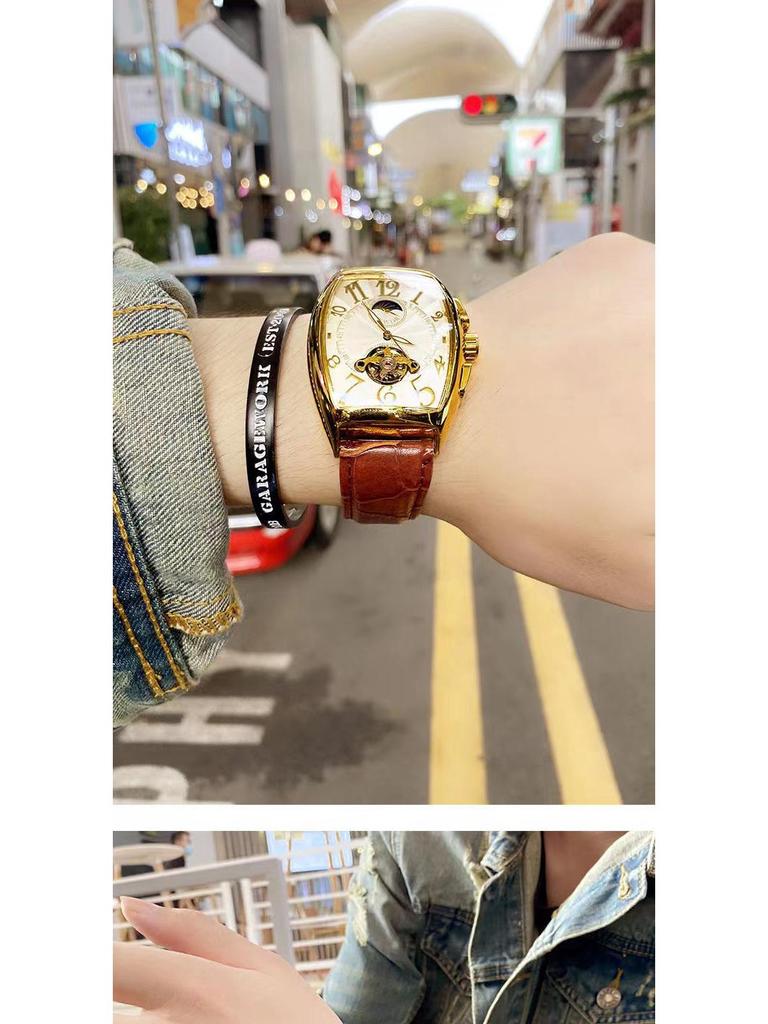 Men's Waterproof Barrel-Shaped Mechanical Leather Watch - Unique Design for Stylish Men