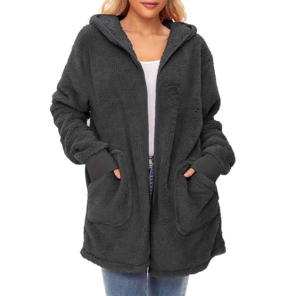 New Style Warm Women's Double-sided Plush Hooded Cardigan with Drawstring Pockets and Windproof Jacket