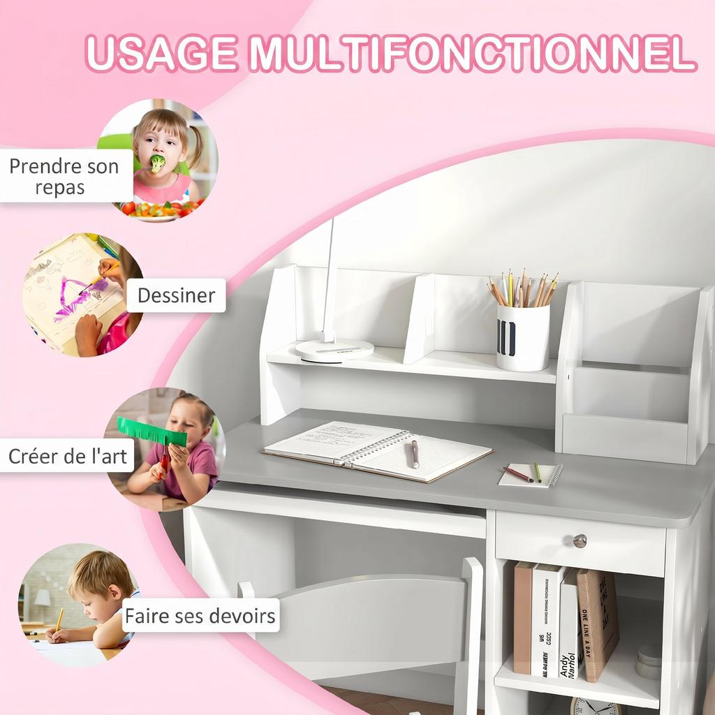 Children's Desk with Ergonomic Chair, Keyboard Tray, Drawer, Shelves, 90 x 45 x 90 cm, Grey