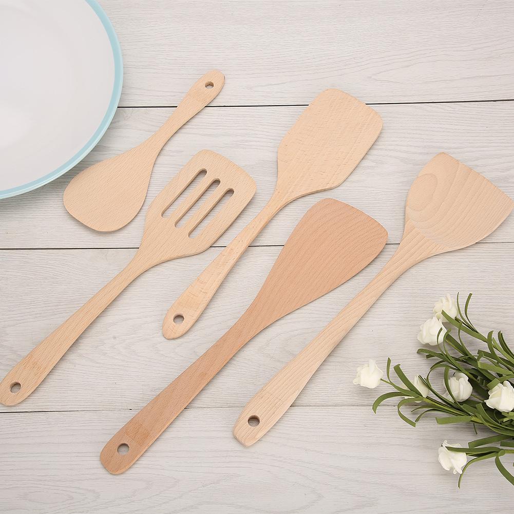 5dílná sada Dřevěná špachtle Lžíce Vařicí nástroj Domácí kuchyňské náčiní Sada pro nepřilnavou pánev