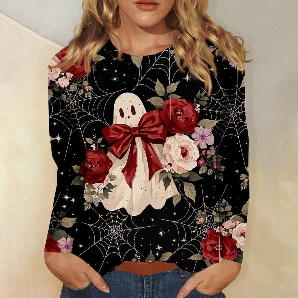 Women's Long-sleeved Loose-necked Halloween Print Casual Top, Suitable for Holiday Parties