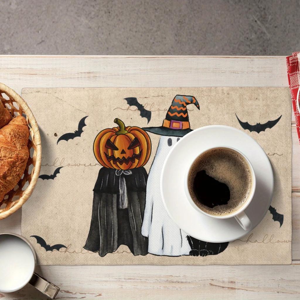 1PC Linen Halloween Ghost Pumpkin Cat Boo Halloween Placemats Seasonal Fall Table Mats for Party Kitchen Dining Decoration
