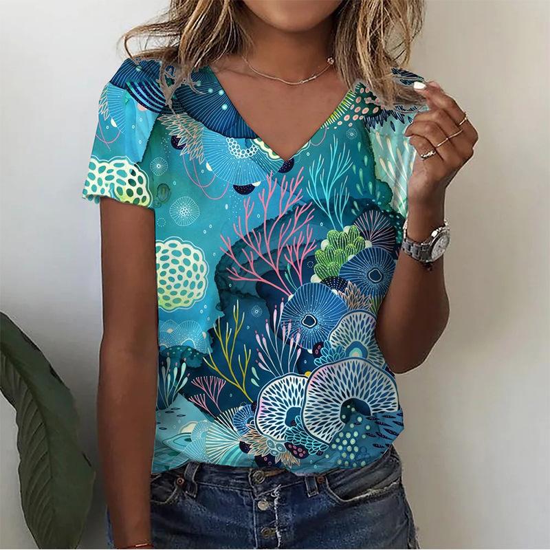 Vintage Damen T-Shirt mit Blumendruck Kurzarm V-Ausschnitt Oberteile Bequeme T-Shirts