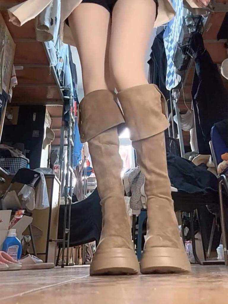 Khaki Knee Boots Women's Spring and Autumn Suede Two-wear Long Boots Thick Heel High Knight Boots Thick-soled Western Boots