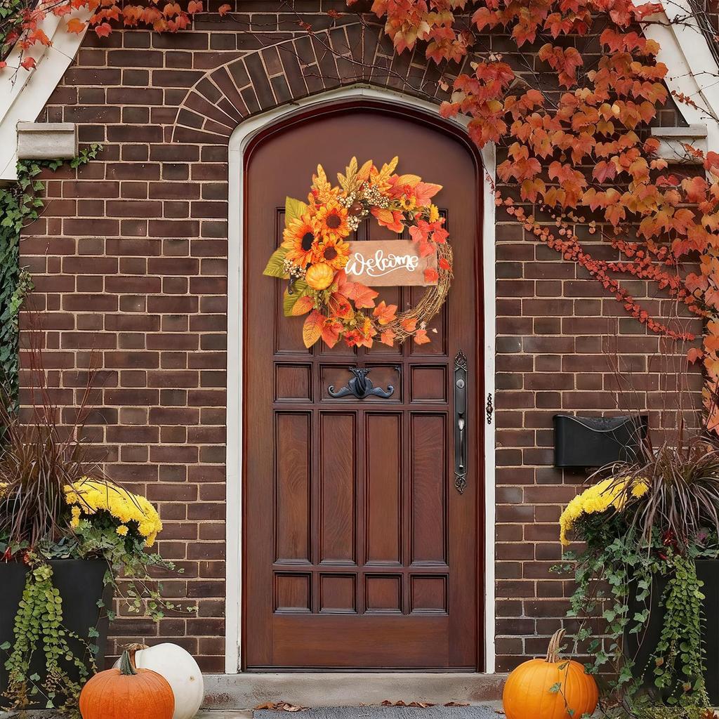 Herbstkranz Outdoor Sonnenblume Kürbis Ahorn Thanksgiving Dekoration Künstlicher Feiertagskranz Für Erntedankfest Büro Wohnung
