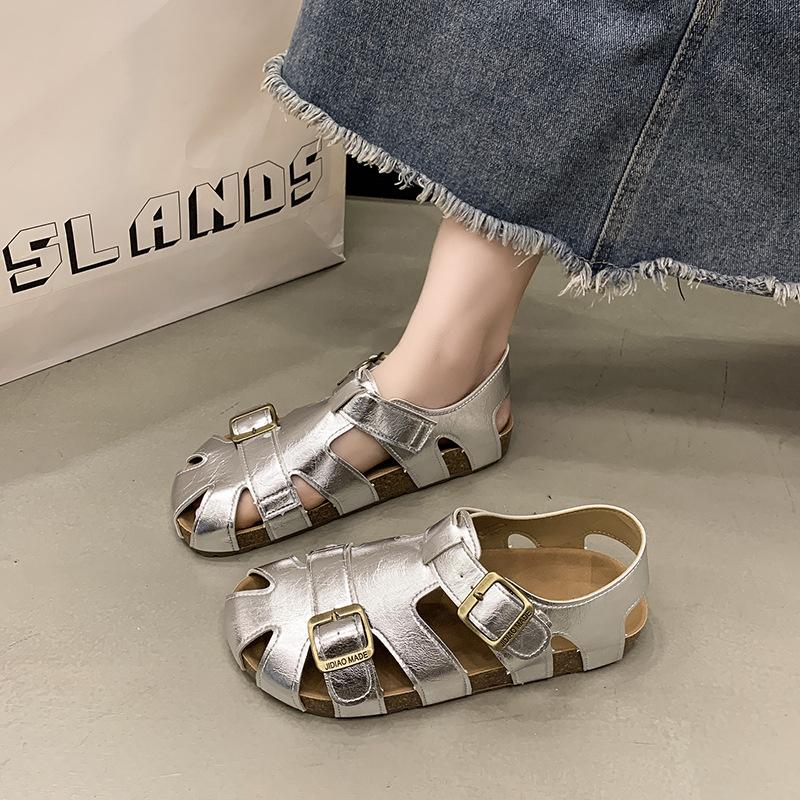 

Soft leather thick-soled bag head sandals women s Birkenstock women s shoes 2025 summer new woven hollow pig cage shoes hole shoes 40 серебряный