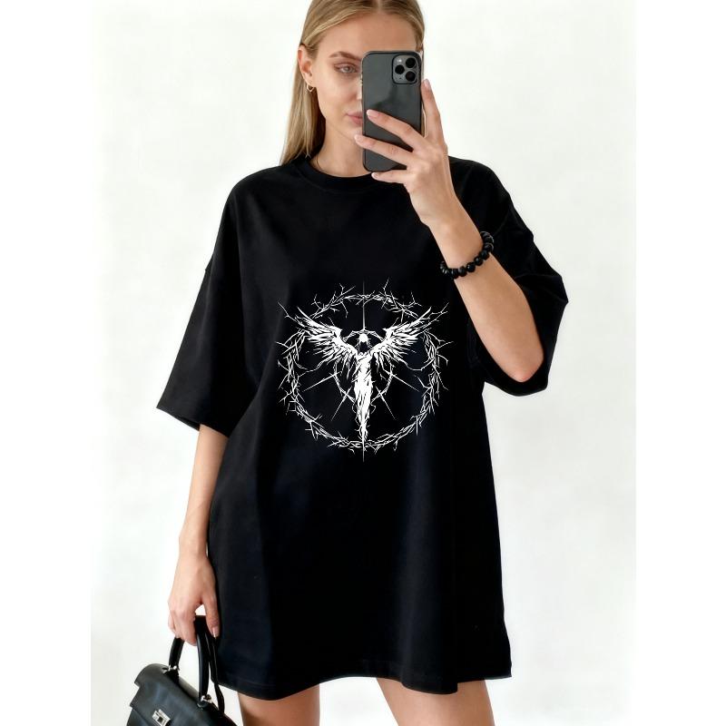 Abito Maglietta Oversize Nero Angelo Con Corona Di Spine Stampa Streetwear Casual Moda Per Donne