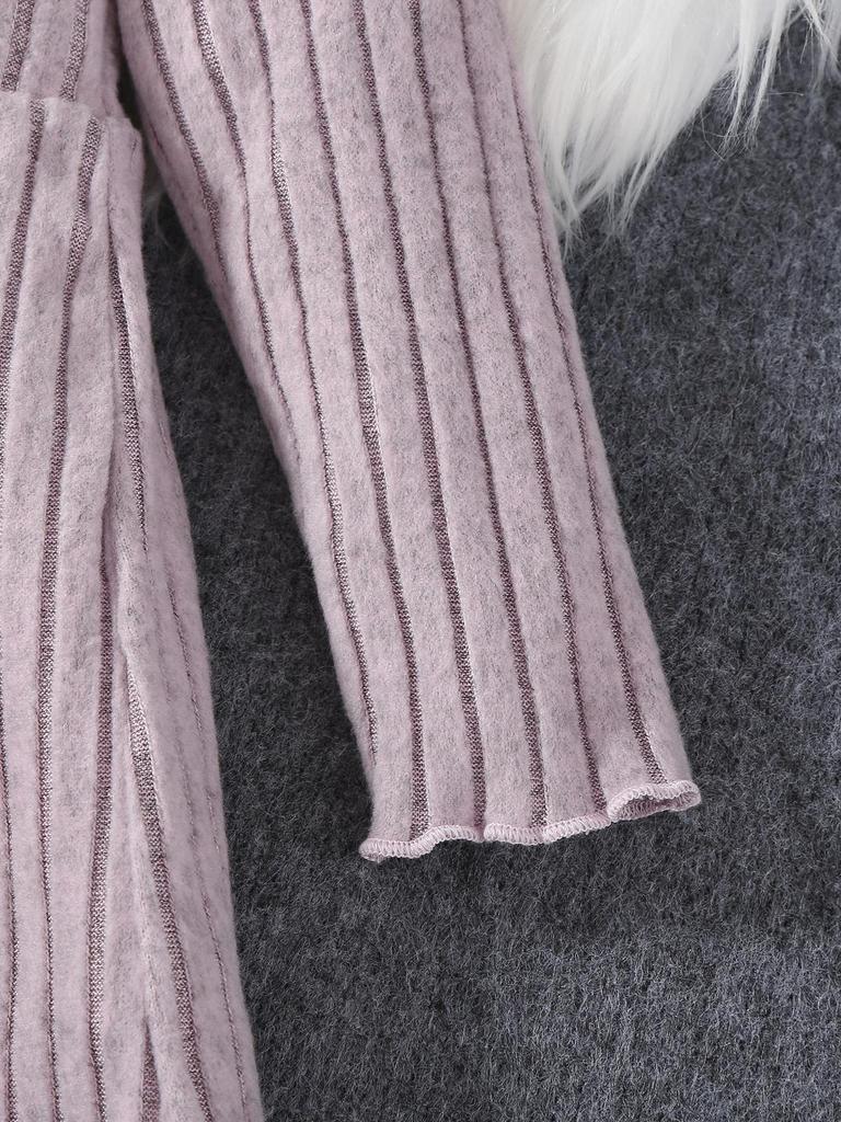 Girl's Casual Fashion Outfit with Striped Ruffle Edge Long Sleeves&comfortable Solid Color Dress for Spring, Autumn and Winter Styles