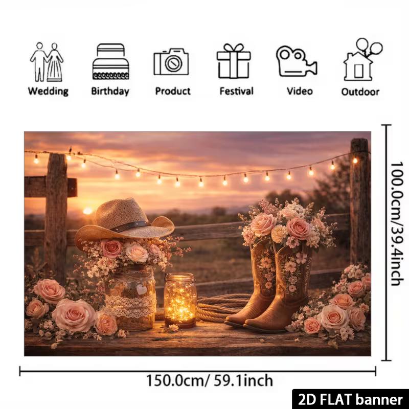 2D Rustic Cowgirl Backdrop, Pink Rose Cowboy Boots Sunset Banner for Western Birthday Photo Booth