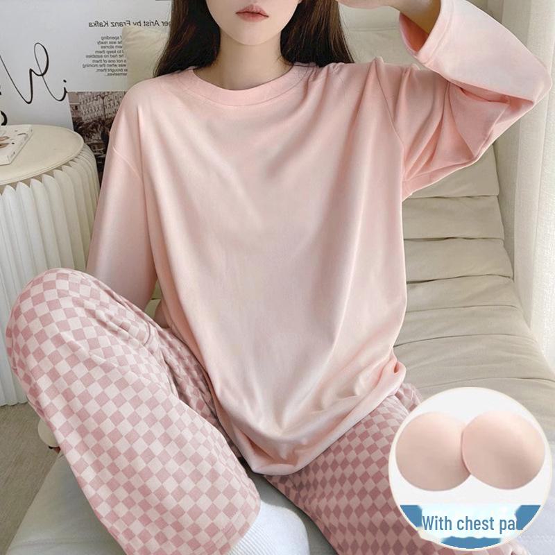 Women's Milk Silk Checkerboard Pajama Set - Round Neck, Long-Sleeve, Self-Contained Breast Pads for Spring and Autumn