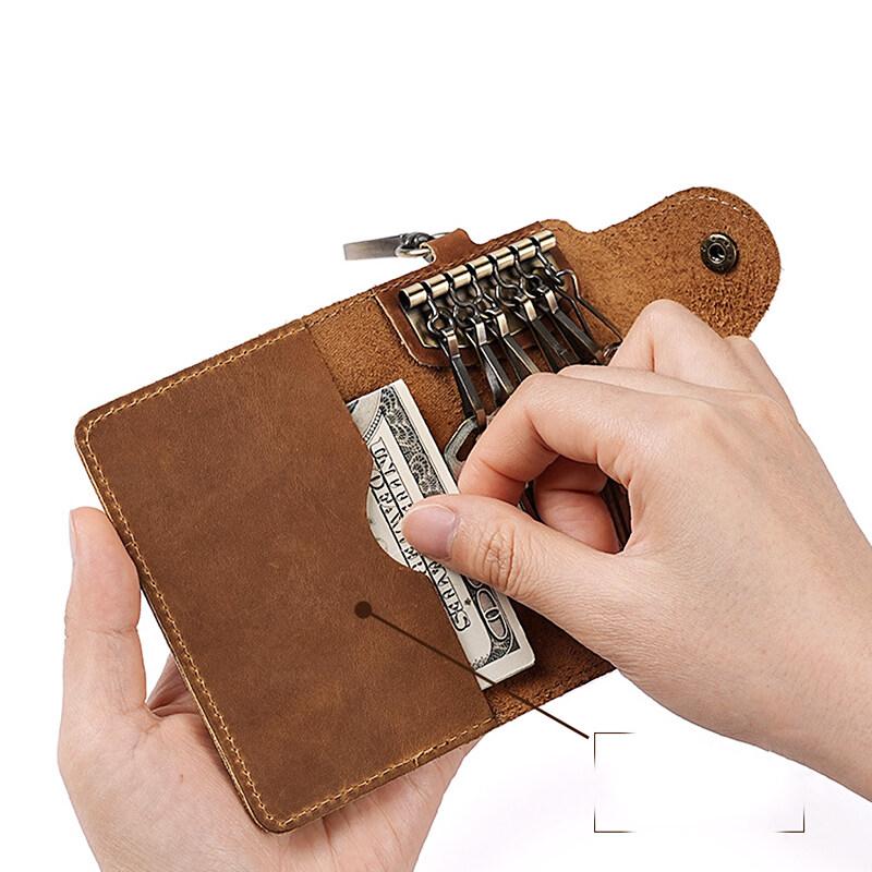 Crazy Horse Leather Key Bag Men's Multi Functional Waist Hanging Keys Cards Cover
